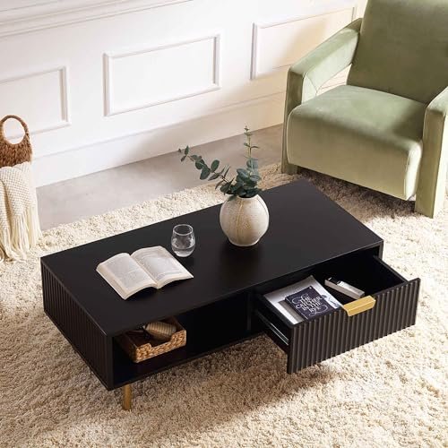 G Fine Furniture Wooden Centre/Center Table for Living Room | Rectangle Design, Shelf & Drawer | Sofa Hall Tea/Teapoy Table | Engineered Wood & Iron(Black & Golden) - 39X20X16 Inch