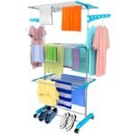 H Houseware 3-Tier Single Pole Cloth Drying Stand ? Stainless Steel Laundry Rack with Wheels | Lightweight, Rustproof & Portable Clothes Dryer | 43.2D x 78.7W x 165H cm(Blue)