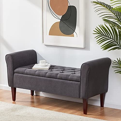 HOMECREST Upholstered Flip Top Storage Armrest Bench Ottoman Pouffe Puffy Settee 2 Seater Sofa Footstool for Livingroom Bedroom Office Hotel Guestroom (Grey) - Sal Wood