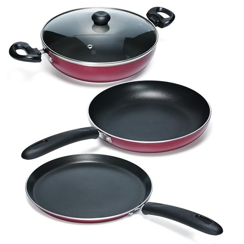 Impex Non Stick Cookware Set of 4 Pcs | Non Induction Bottom Kitchen Set | Non-Stick Coated Aluminium Cookware Set | Tawa Pan | Fry Pan | Kadai Pan with Glass Lid | 1 Year Warranty, Multicolor