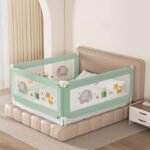 Kids Station Foldable Baby Bed Rail Guard for Infant & Toddler Safety – 28-Level Adjustable Height – 6.6ftx5ftx6.6ft (200x150x200cm), Height 2.6ft (80cm), 3 Sides – Made in India (Green, Basic)