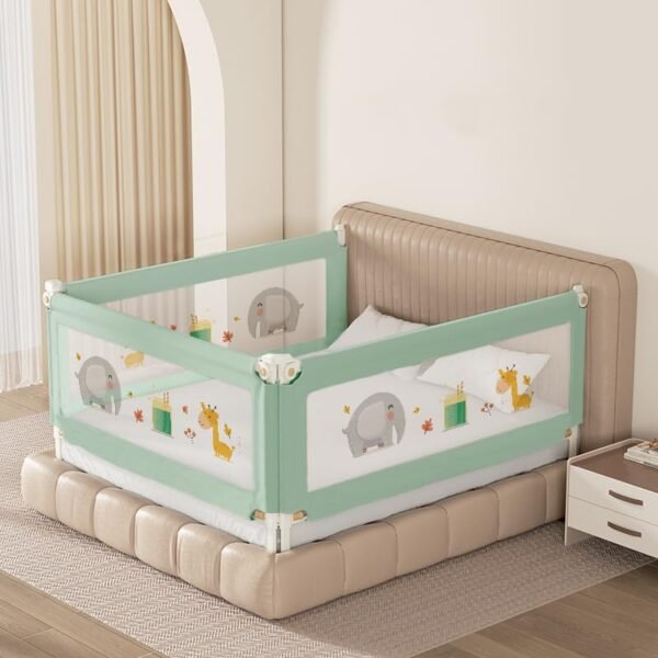 Kids Station Foldable Baby Bed Rail Guard for Infant & Toddler Safety – 28-Level Adjustable Height – 6.6ftx5ftx6.6ft (200x150x200cm), Height 2.6ft (80cm), 3 Sides – Made in India (Green, Basic)