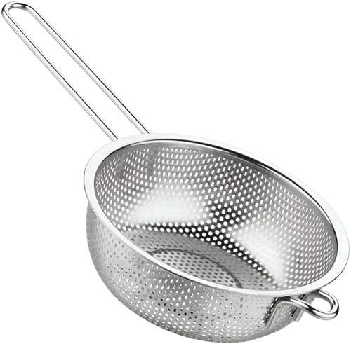 Kruvad Long Handle Bowl Colander Beans Grains Washing Filter Basket Metal Fine Mesh Strainer Sieve Deep Fry Basket Kitchen Wire Skimmer for Frying Food Micro-Perforated Colander
