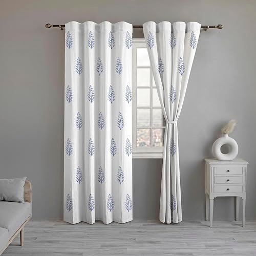 LINENWALAS Cotton Curtains Set Of 2, Canvas Door Curtains For Home , Hangs Elegantly With Back Loops (4.5Ft X 7 Ft, Blue Leaf)(Lined)