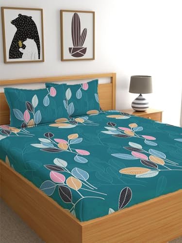 LOOMLYFE 300 TC Cotton Feel Glace Cotton Elastic Fitted Printed Queen Size Double Bed Bedsheet with 2 Pillow Covers Fits Upto 8 inches,Size- 60x78x10 Inches, Green Leaves