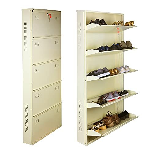 Laxmi KAPAT 5 Door Metal Shoe Rack Wall Mounted for Home with Central Locking, Can Hold Upto 25 Shoes Pair, 3 Year Warranty (67 x 28 x 6 Inch, Ivory)