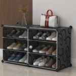 Owme Plastic Shoes Rack for Home, 2-Door 6-Shelf Portable Shoes Rack with Dustproof Door for Heels/Slippers/Boots, DIY Multi-Purpose Shoe Organizer, Black
