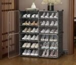 Owme Plastic Shoes Rack for Home, 4-Door 12-Shelf Portable Shoes Rack with Dustproof Door for Heels/Slippers/Boots, DIY Multi-Purpose Shoe Organizer, H-GREY