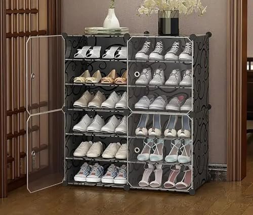 Owme Plastic Shoes Rack for Home, 4-Door 12-Shelf Portable Shoes Rack with Dustproof Door for Heels/Slippers/Boots, DIY Multi-Purpose Shoe Organizer, H-GREY