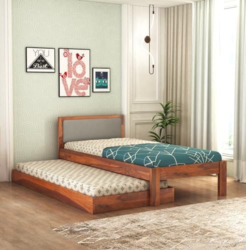 RJ ART Wooden Single Trundle Bed | Wooden Single Bed with 1 Extra Pullout Bed Cot Palang with Upholstered Headboard for Bedroom, Kids Room | Solid Sheesham Wood, Honey Finish