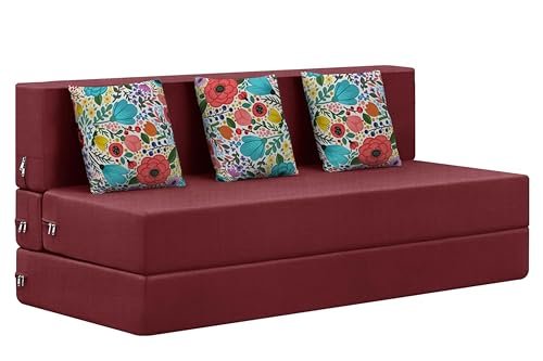 Rosebell Foldable Three Seater Sofa Cum Bed, Sofa Bed 5 X 6 Feet, Jute Fabric- Washable Cover- Including 3 Cushion Perfect for Home & Office for Guests(Red Color)