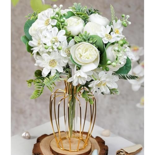 SATYAM KRAFT Fabric 1 Pcs Artificial Peony Rose Flower Bunch | Rose Peony Bouquet for Home Decor, Bedroom, Balcony, Garden, Plants & Wedding Decoration (Without Vase Pot) (White)