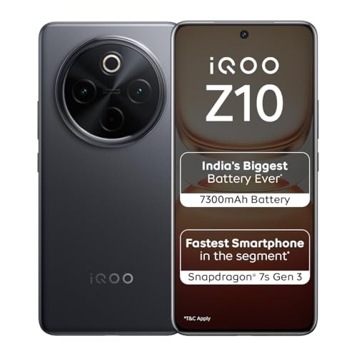 iQOO Z10 5G (Stellar Black, 8GB RAM, 256GB Storage) | India's Biggest Ever 7300 mAh Battery | Snapdragon 7s Gen 3 Processor | Brightest Quad Curved AMOLED Display in The Segment
