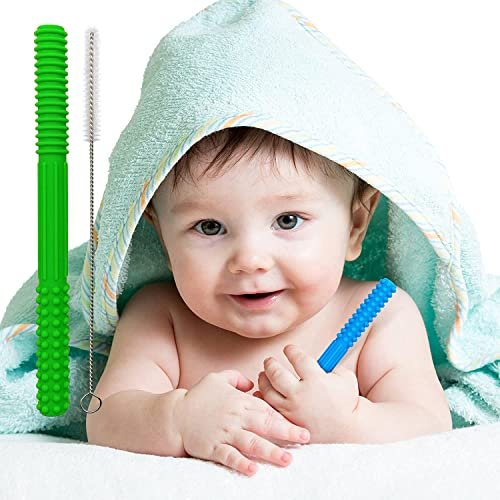 tekme Baby Teethers 1 Pc Teether with 1 Brush, Hollow Teething Tubes, Silicone Chewing Teether for Baby, Helps Soothe Teething Irritation Biting, Infants 3+ Months (Multicolor)