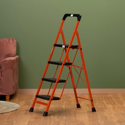 BonKaso Premium Steel Multipurpose Climb Easy Anti-Slip 4-Step Foldable Ladder with Safety Clutch Lock, Support Handle and Tool Tray for Home - (Orange & Black)