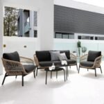 DEVOKO Outdoor 4 Seater Rope Sofa Conversation Set with Comfortable All Weather Water-Resistant Cushions and Glass Top Round Center Table for Garden,Patio,Poolside(Beige & Black)