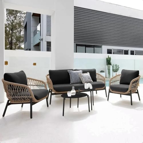 DEVOKO Outdoor 4 Seater Rope Sofa Conversation Set with Comfortable All Weather Water-Resistant Cushions and Glass Top Round Center Table for Garden,Patio,Poolside(Beige & Black)