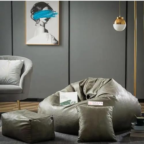 GIGLICK Premium Imported Soft Vegan Leather Bean Bag with Rectangular Footrest and Comfy Cushion with Beans Filled I Ready to Use Bean Bag Chair Color- (XXXXXL, Olive Green)