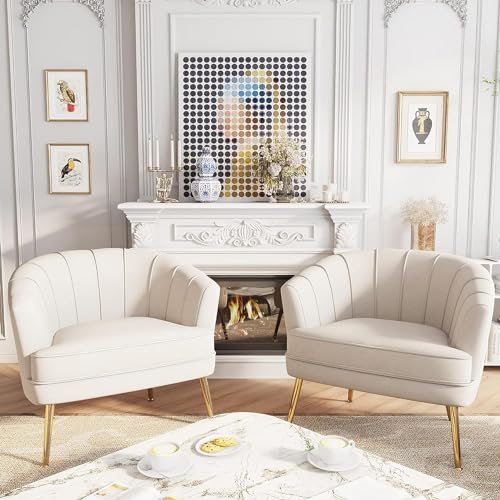 Haven Craft - Upholstered Velvet Swan Metal Accent Chairs Metal Legs, Set of 2, for Living Room, Bedroom, Office