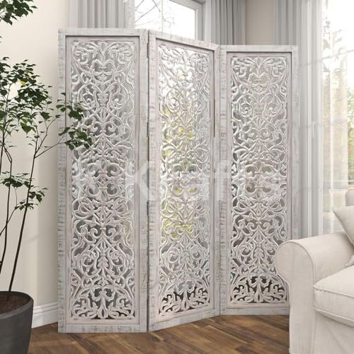 K Krafts Wooden Room Partition, Room Divider, Carved Wood Folding Room Divider, Folding Privacy Screens, Modern Living Room Bedroom Decoration, Room Dividers (Distressed White)