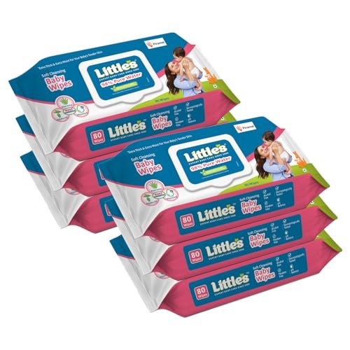 Little's Soft Cleansing Baby Wipes with Lid | 80 Wipes x Pack of 6 - 480 Wipes | Extra Thick & Moist Wet Wipes for Baby's | Prevents Rashes & Redness with Goodness of Aloe Vera, Vitamin E & Jojoba Oil