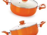 NIRLON Ceramic 2-Piece Non Stick Induction Cookware, Aluminium Pots And Pans Set With Glass Lid, 3.1 Liter, Orange
