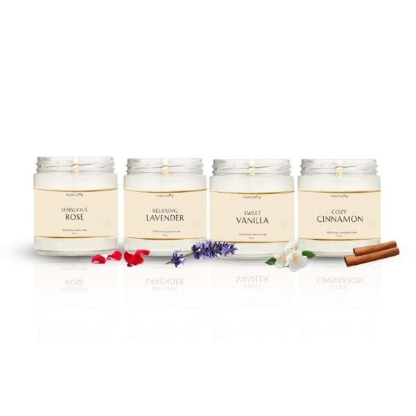 Puremazing Scented Candle Gift Set - 4 Fragrances Vanilla, Rose, Lavender & Cinnamon | 100% Soy Wax with Natural Aroma Oils | 25-Hour Burn Time | 90 Grams Each | Perfect for Office & Home Decor