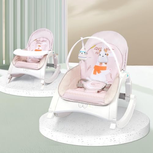 R for Rabbit Rock N Play Baby Rocker Baby Feeding Chair with Vibration and Soothing Music, Adjustable Backrest with Arc-Shaped Legs for Rocking Mode | 3 in 1 Functionality DetachableToy Bar (Cream)