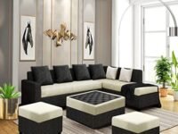 Sleepify Preloy 8 Seater Fabric RHS L Shape Sofa Set with 1 Centre Table & 2 Puffy (Dark Grey-Cream)