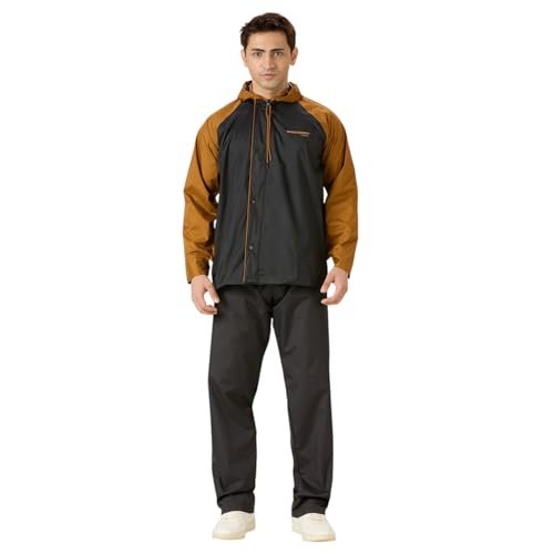 WATER FIGHTER by ZEEL Rain Coat for Men with Adjustable Hood, Polyester Waterproof Full Sleeves, Top and Bottom Set Rainwear, Front Zip with Snap Button Flap, (EWF87, Black & Dark Mustard, 3XL)