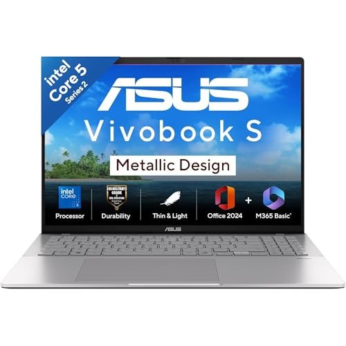 ASUS Vivobook S16,14th Gen, Intel Core 5-210H,Metallic Design Laptop(Intel UHD iGPU/16GB RAM/512GB SSD/FHD+/16"/144Hz/Windows 11/M365 Basic(1Year)*/Office Home 2024/Silver/1.7Kg) S3607VA-RP114WS