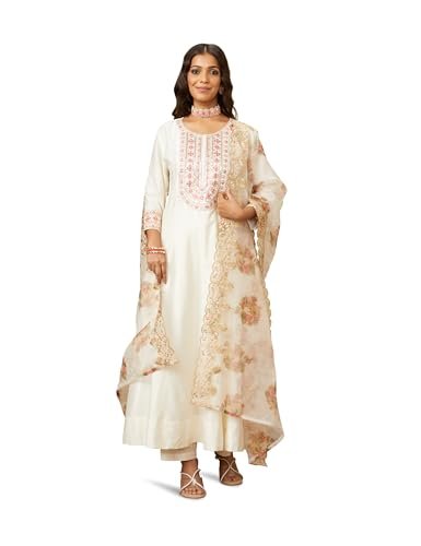 Amazon Brand - Myx Women's Embroidered Anarkali Kurta Pant Set with Organza Dupatta | Viscose,Rayon | A-line fit