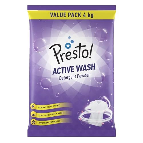 Amazon Brand - Presto! Active Wash Detergent Powder | 4 Kg | Tough On Stains | Gentle On Fabrics | Colour-Safe | Refreshing Fragrance | Machine And Hand Wash