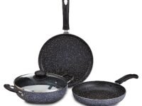 Amazon Solimo Aluminium 4 Piece Non-Stick Cookware Set | Granite Finish | Induction Base | PFOA Free | HTR Exterior Coating | 25 Cm Tawa, 22 Cm Kadai, 22 Cm Fry Pan, 1 Glass Lid | Grey