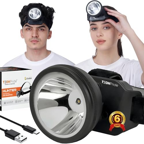 BALIRAJA TechPride Rechargeable LED Head Torch Model: Hunter Headlight Upto 1km Range with Lithium-ion Battery, Blinking Feature for Fishing Camping Hiking Trekking Cycling Running etc, 140 Lumens