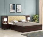 Budhakish Solid Sheesham Wood Double Bed with Set of 2 Bedside Table | Wooden Double Bed Cot Bed with 2 Drawer Storage & Upholstered Cushioned Headboard for Bedroom | Rosewood, Walnut Finish