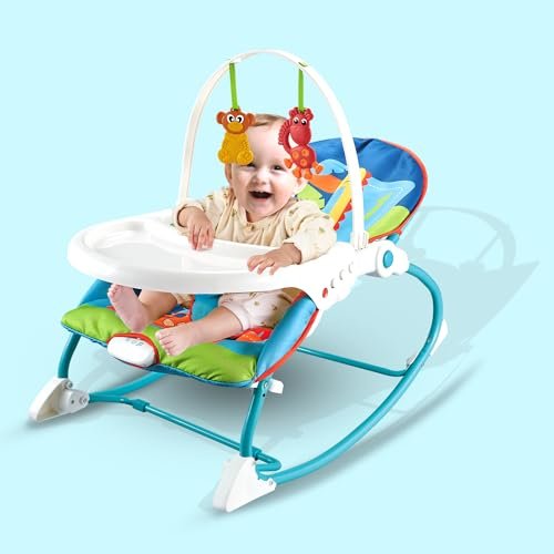 CAREIT Baby Rocker Chair Comfortable & Soothing Bouncer for Newborns. Multi-Position Recline, Vibrations, Removable Toys. Portable Design with Removable Food Tray-Blue Color