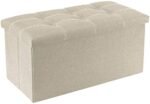 DIVHUK Folding Storage Ottoman Long Shoes Sofa Bench Fabric Linen Footrest Stool for Laundry Storage Space End of Bed Seat Toys Storage Organizer Bin Box with Lidded Cover (76X38X38 CM, Beige)