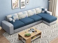 FURNY Orlandoy Fabric 5 Seater RHS Sectional L Shape Sofa Set in (Blue-Light Grey)