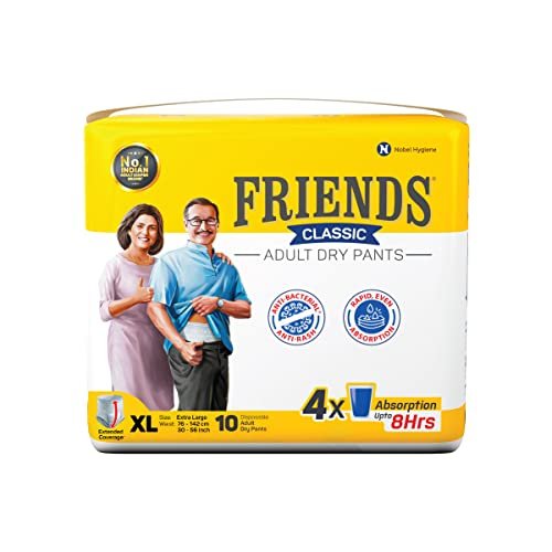 Friends Classic Adult Diapers Pants Style - 10 Count (Extra Large) with odour lock, Unisex, Leakproof, Elastic Waist and Anti-Bacterial Absorbent Core - Waist Size 30-56 inch; 76-142 cm