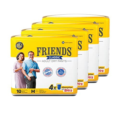 Friends Classic Adult Diapers Pants Style - 40 Count (Medium) with odour lock, Unisex, Leakproof, Elastic Waist and Anti-Bacterial Absorbent Core - Waist Size 25-48 inch; 63.5-122 cm