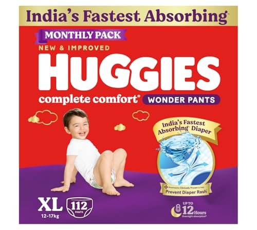 Huggies Complete Comfort Wonder Pants | Pant Style Baby Diapers Extra Large Size, 112 Count | India's Fastest Absorbing Diaper, Prevents Diaper Rash, Ideal for 12 to 17 Kgs