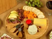 MosQuick® Charcuterie Board, Premium Handcrafted Cheese Platter All Natural Bamboo Swivel Round Cheese Board with 2 Stainless Steel Cheese Knives Ideal as a Serving Platter for Cheese,Crackers,Meats