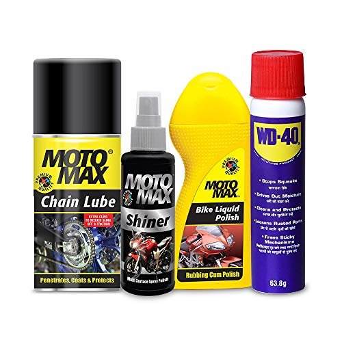 Motomax 2W Grooming & Maintenance Kit 1 - WD 40 Spray 63.8 g, Bike Liquid Polish 100 ml, Shiner Polish 100 ml, Chain Lube Spray 200 ml