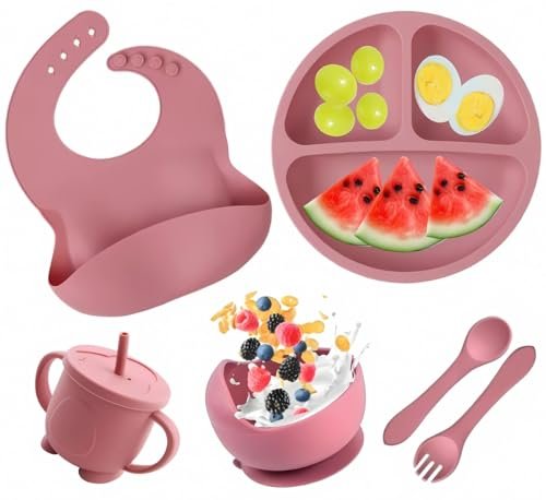 Nicety® 6 Piece Silicone Baby Feeding Set – Suction Bowl & Plate, Bib, Spoon, Fork, Sippy Cup – BPA-Free, Non-Slip, Microwave Safe – Baby Dinner Set for 6+ Months, Toddler Essentials (Dusty Pink)