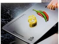 OrganizeMee Large Stainless Steel Cutting Board for Kitchen - Premium Vegetable and Fruit Cutter, Heavy-Duty Metal Chopping Board, Big Size Pad (36 cm X 25 cm)