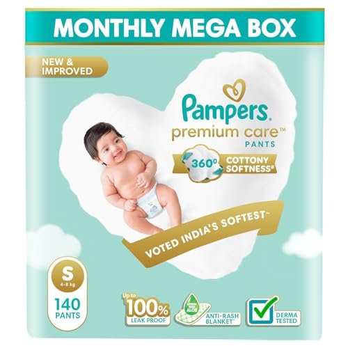 Pampers Premium Care Pant Style Baby Diapers | Small (S size) | 140 Count | Voted India's Softest | All-in-1 with 360 Cottony Softness Diapers | 4-8kg