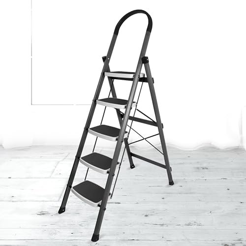 Plantex 5 Step Ladder - Foldable Steel -Wide Anti Skid Steps - 5 Year Manufacturer Warranty(Gray & White)