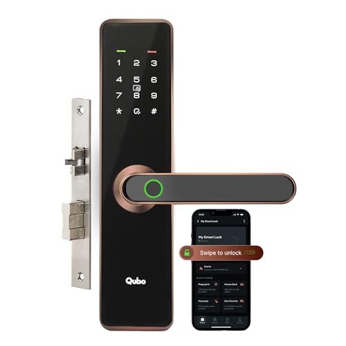QUBO Smart Door Lock Essential (2025 Edition) from Hero Group | 7-Way Unlocking | Fingerprint | OTP Remote Unlocking | PIN | RFID Card | Mobile App | Mechanical Key | 2 Year Brand Warranty | (Copper)