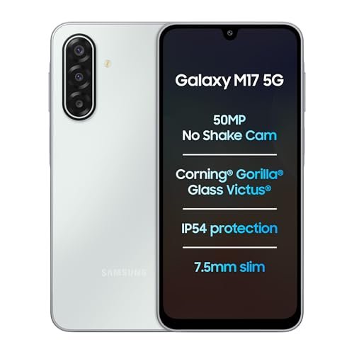 Samsung Galaxy M17 5G (Moonlight Silver, 4GB RAM, 128GB Storage)| Circle to Search| Gemini Live| 50MP OIS Triple Camera| IP54 Rating| Gorilla Glass Victus| AI| 6 Gen of OS Upgrades| Without Charger